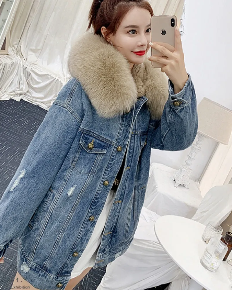 Women's Winter Casual Denim Slim Long Parka With Rabbit Fur