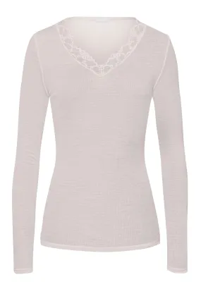 Woolen Lace Fine Ribbed Wool And Silk V-Neck Top | Pumice 70914-2801